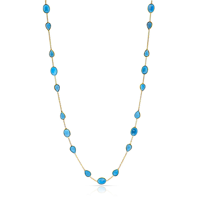 Oval and Pear shape London Blue Topaz Necklace, 18 Karat Gold