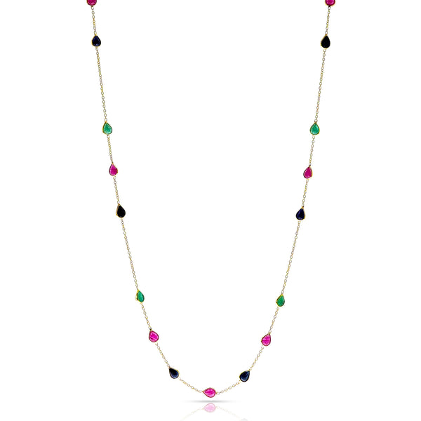 Pear Emerald, Ruby, Sapphire, 18k Gold Necklace