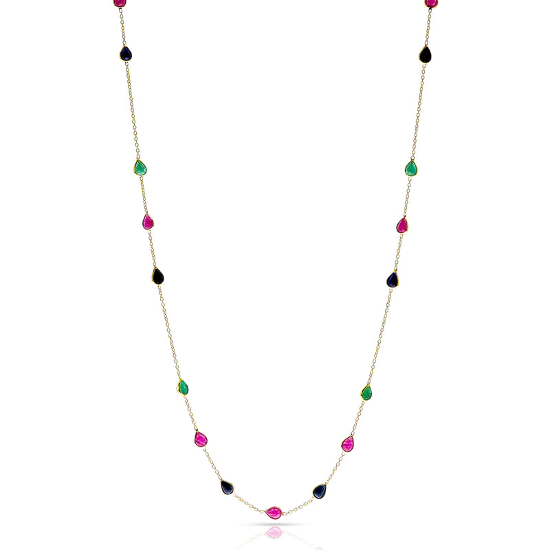 Pear Emerald, Ruby, Sapphire, 18k Gold Necklace