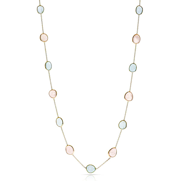 Mixed Cut shape Blue Topaz and Rose Quartz Necklace, 18 Karat Gold