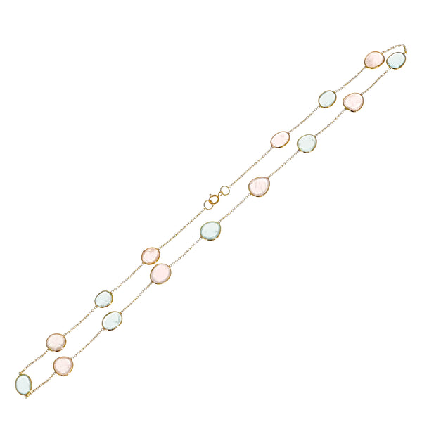 Mixed Cut shape Blue Topaz and Rose Quartz Necklace, 18 Karat Gold