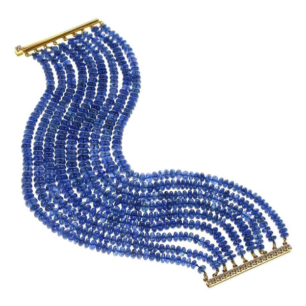 Natural No Heat Burmese Sapphire Beads and Diamond Yellow Gold Bracelet