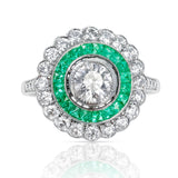 French Art Deco Style 0.80 carat Diamond and Emerald Engagement Ring, Platinum