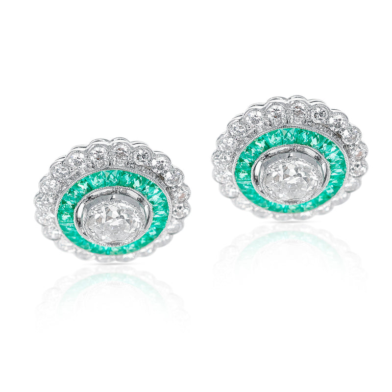 Art Deco Style 0.70 ct. each Diamond and Invisibly Set Emerald Earrings, Platinum