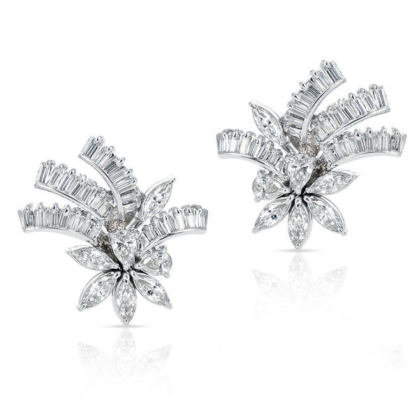 3 carats Pear, Marquise, and Baguette Diamond Floral Cocktail Earrings, Platinum