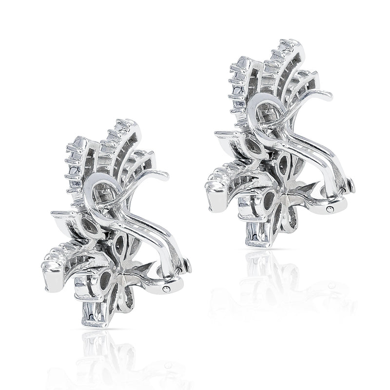 3 carats Pear, Marquise, and Baguette Diamond Floral Cocktail Earrings, Platinum