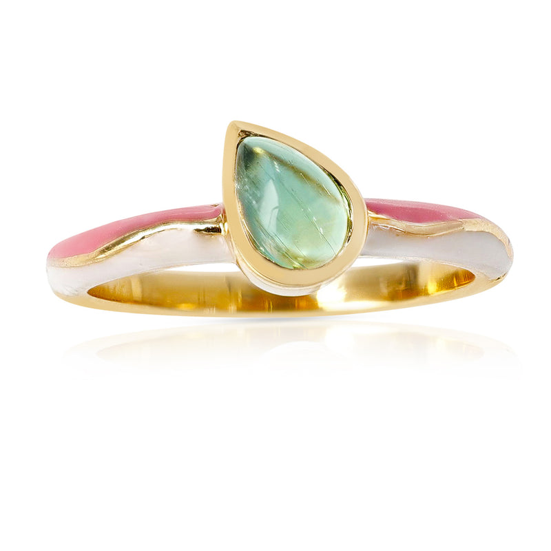 Green Tourmaline Pear Shape with Pink and White Enamel