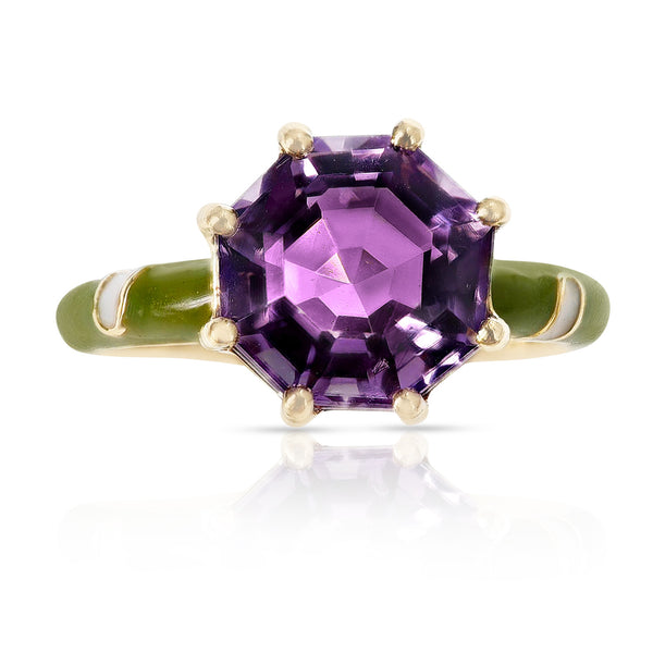 Octagonal Amethyst with Green and White Enamel, 14k Yellow Gold