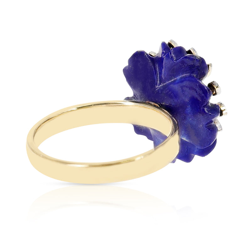Carved Floral 8.21 ct. Lapis with 0.21 ct. Diamonds and Gold Ring, 14K Yellow