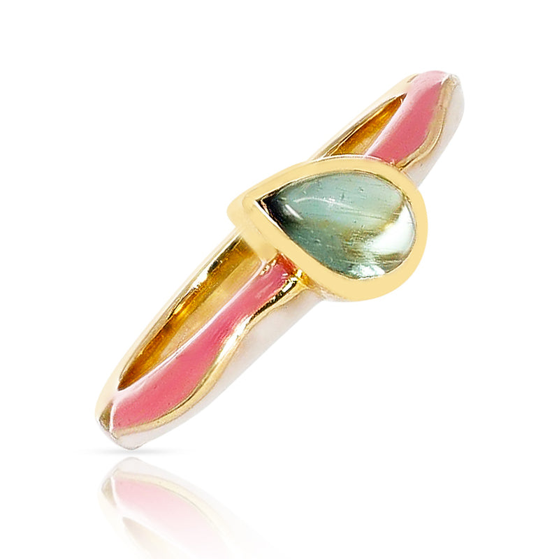 Green Tourmaline Pear Shape with Pink and White Enamel