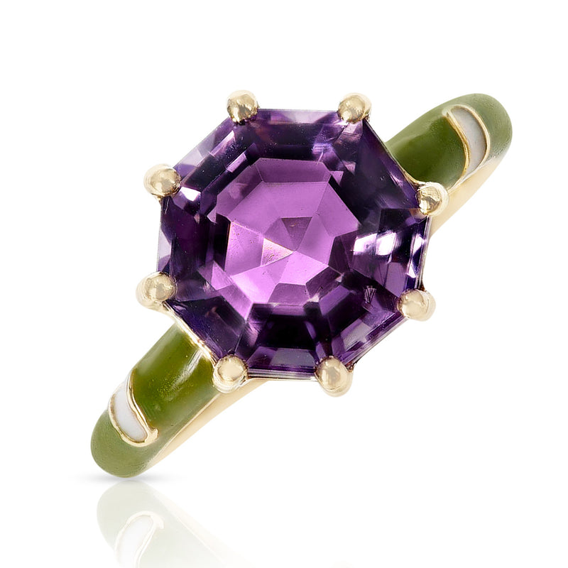 Octagonal Amethyst with Green and White Enamel, 14k Yellow Gold