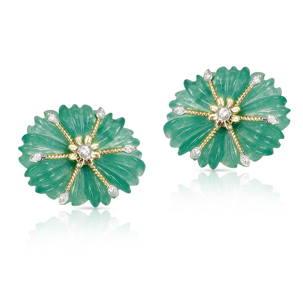 33 cts. Carved Floral Jade Earrings with Diamonds, 14k Gold
