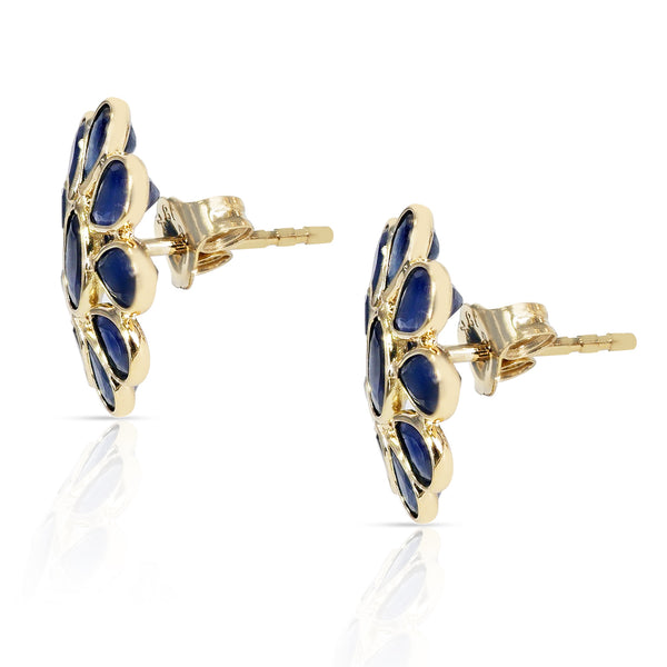 Blue Sapphire Bezel-Set Oval and Pear Shape Floral Earrings, 18 Karat Gold