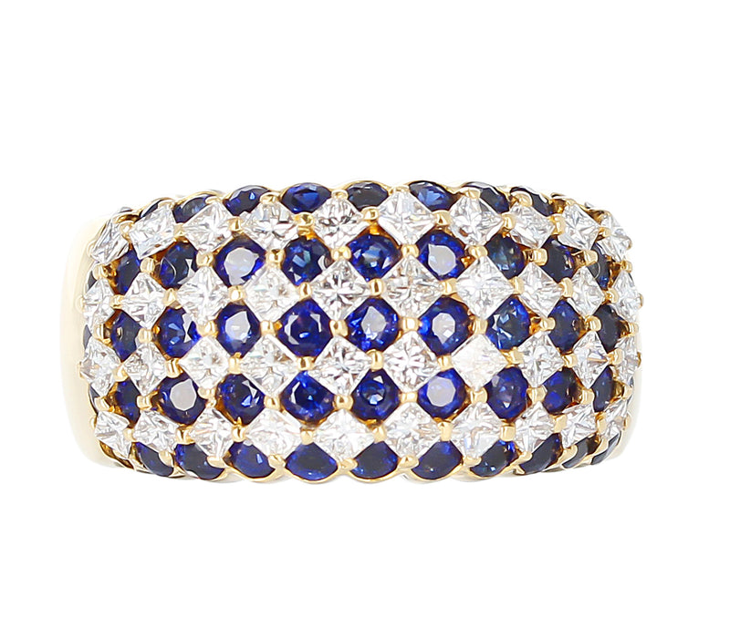 Nine Row Sapphire and Diamond Cocktail Ring, 18K Yellow Gold