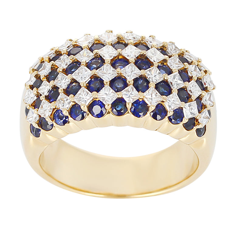 Nine Row Sapphire and Diamond Cocktail Ring, 18K Yellow Gold