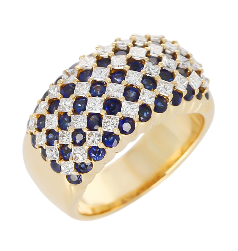 Nine Row Sapphire and Diamond Cocktail Ring, 18K Yellow Gold