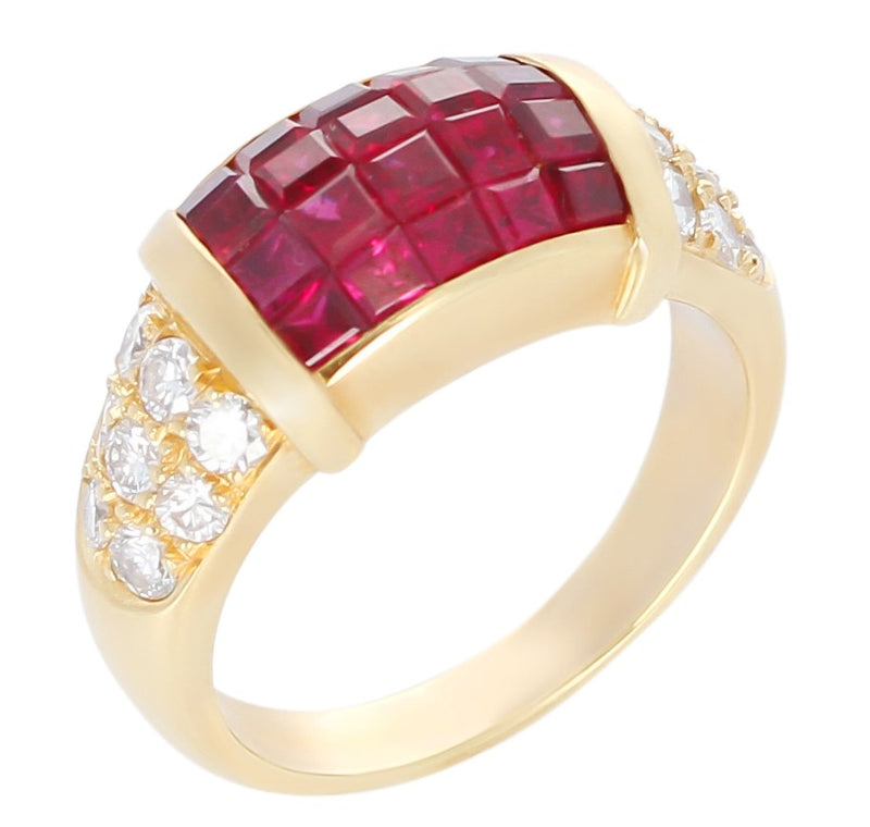 Mystery Set Ruby and Diamond Ring, 18K Yellow Gold