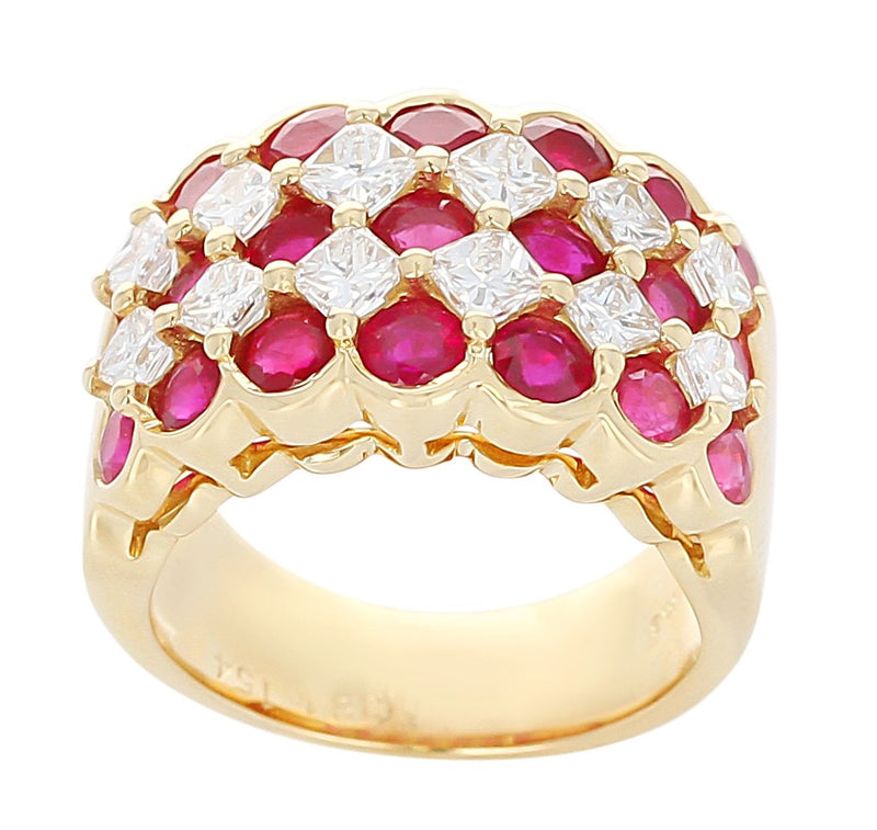Ruby and Diamond Five Row Ring, 18K Yellow Gold