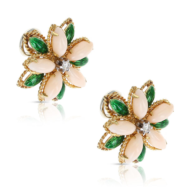 Coral, Green Enamel, and Diamond Floral Earrings, 18 Karat Yellow Gold