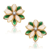 Coral, Green Enamel, and Diamond Floral Earrings, 18 Karat Yellow Gold