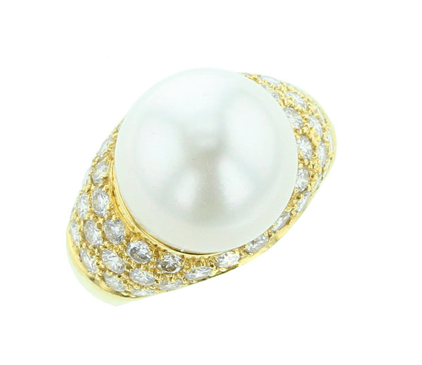 18K Yellow Gold, Cultured Pearl and Diamond Ring