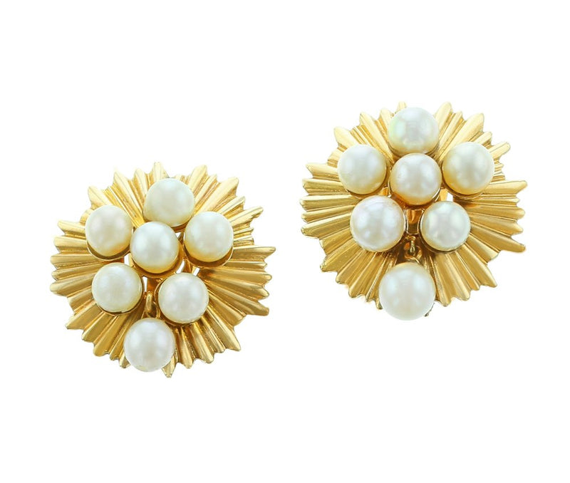 Pearl and Wavy Yellow Gold Round Earrings