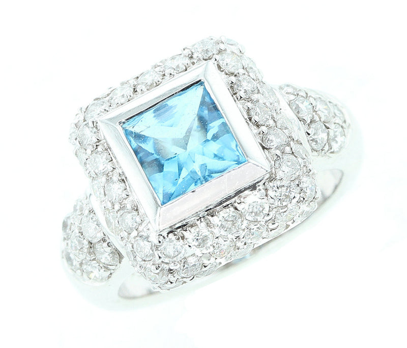 Square Blue Topaz and Diamond Ring, 18K White Gold