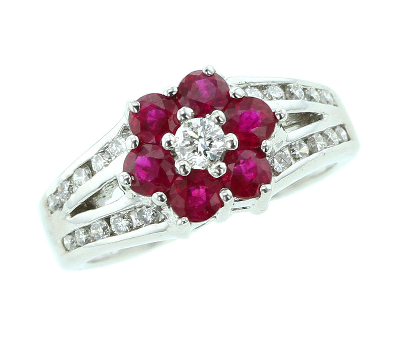 Floral Red Ruby Ring with Diamonds in 14K White Gold