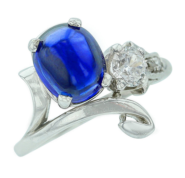 Antique Oval Blue Sapphire Cabochon and White Diamond Ring