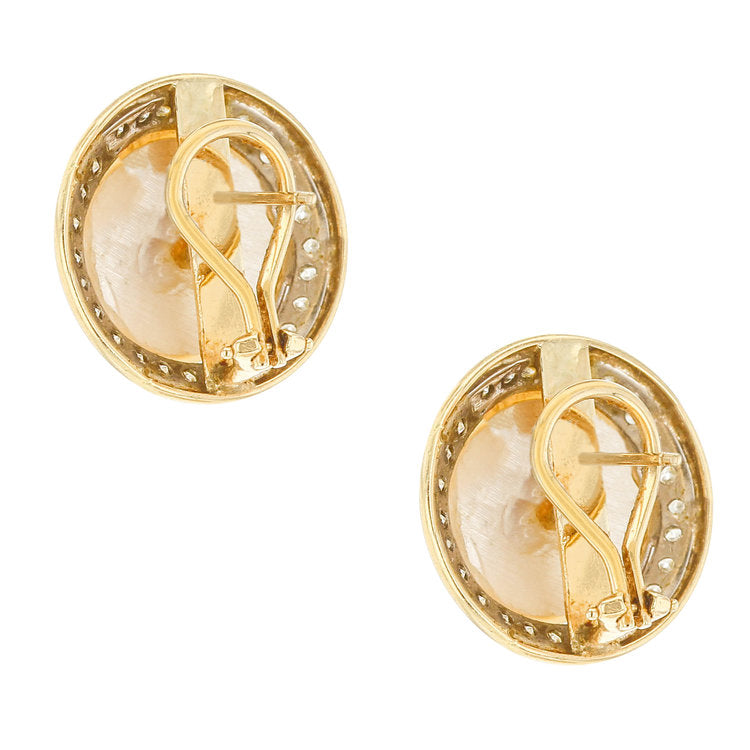 White Mabe Pearl and Round Diamond Earrings, Yellow Gold