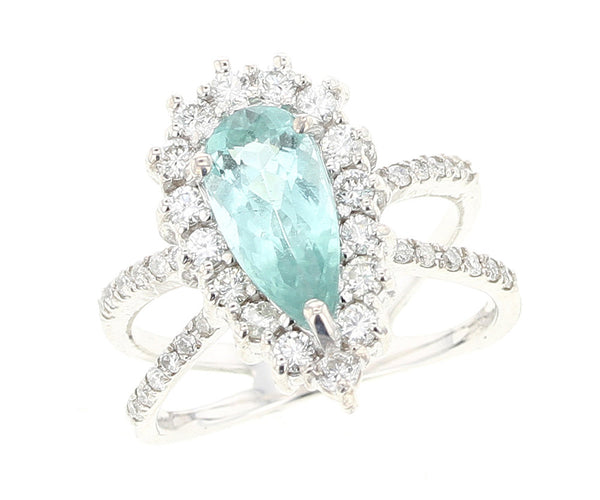 Greenish Blue Pear Tourmaline Ring with Diamonds, White Gold