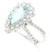 Greenish Blue Pear Tourmaline Ring with Diamonds, White Gold