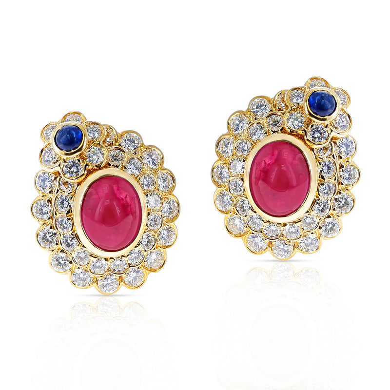 Oval Ruby Cabochon and Sapphire Cabochon and Diamonds Earrings