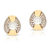 Cartier 8MM Pearl and Diamond Oval-Shape Earrings, 18 Karat Yellow Gold