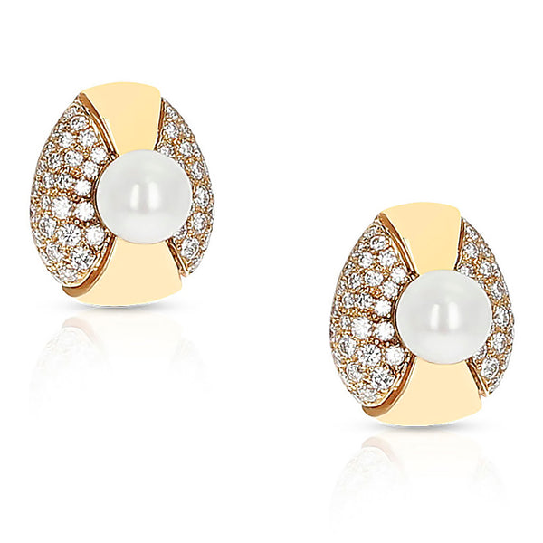 Cartier 8MM Pearl and Diamond Oval-Shape Earrings, 18 Karat Yellow Gold