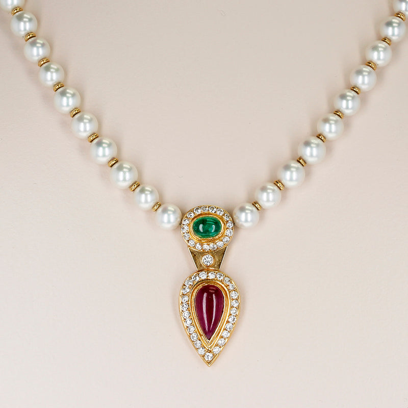 Cultured Pearl Beads Necklace with an Emerald and Ruby Cabochon, and Diamonds