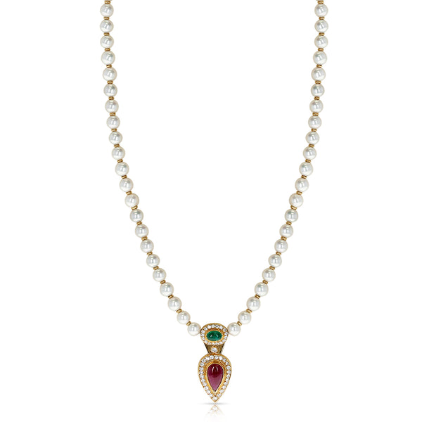 Cultured Pearl Necklace with an Emerald and Ruby Cabochon, and Diamonds