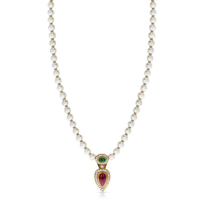 Cultured Pearl Beads Necklace with an Emerald and Ruby Cabochon, and Diamonds
