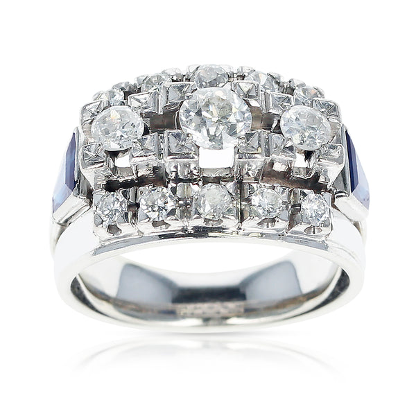 1950s Thirteen Round Diamond accented with Two Sapphire Trapezoids, 18K Gold