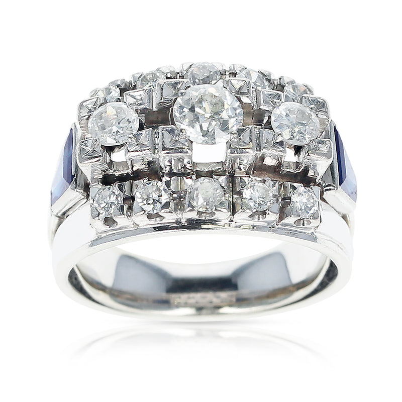 1950s Thirteen Round Diamond accented with Two Sapphire Trapezoids, 18K Gold