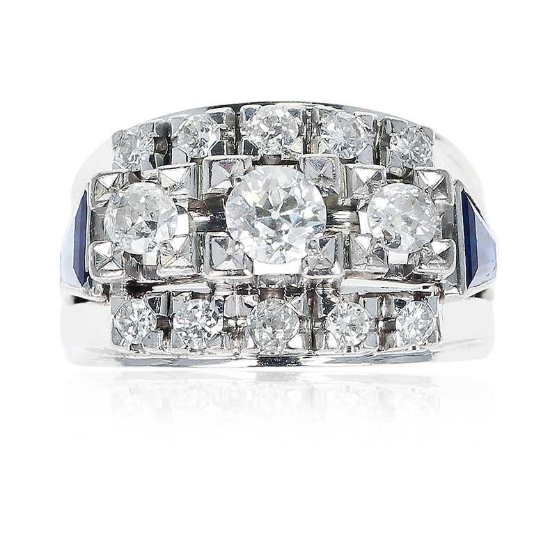 1950s Thirteen Round Diamond accented with Two Sapphire Trapezoids, 18K Gold