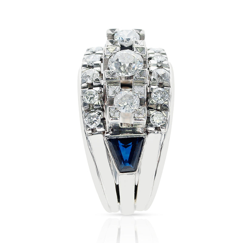 1950s Thirteen Round Diamond accented with Two Sapphire Trapezoids, 18K Gold