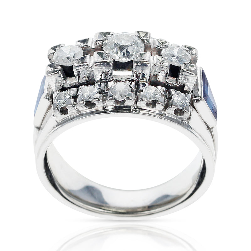 1950s Thirteen Round Diamond accented with Two Sapphire Trapezoids, 18K Gold