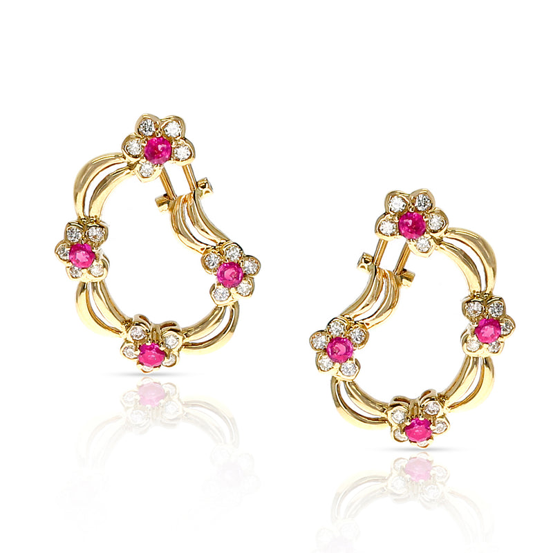 Four Flower Ruby and Diamond Floral Clip-on Earrings, 18 Karat Yellow Gold