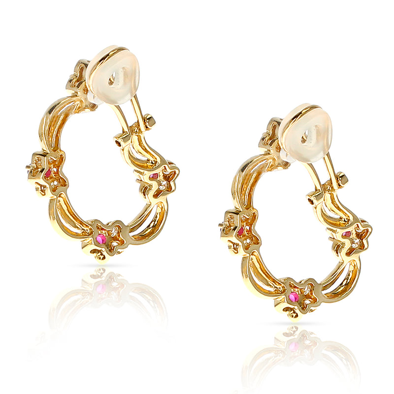 Four Flower Ruby and Diamond Floral Clip-on Earrings, 18 Karat Yellow Gold
