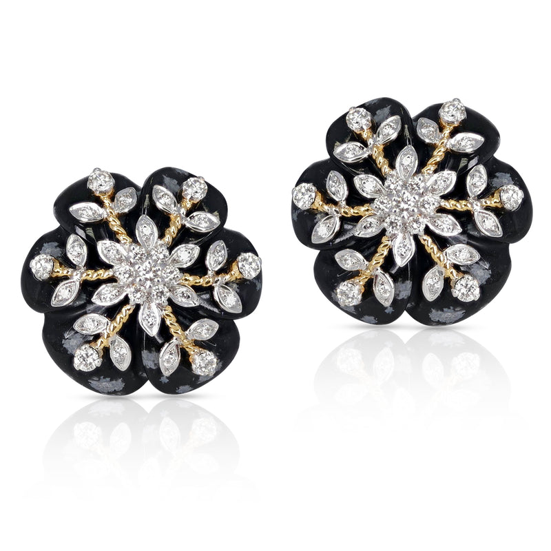 17.20 ct. Snowflake Obsidian Earrings with 0.64 ct. Diamonds, 14k