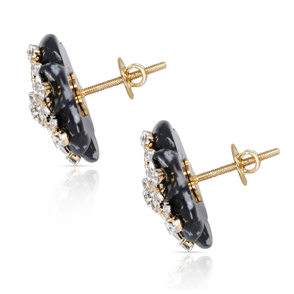 17.20 ct. Snowflake Obsidian Earrings with 0.64 ct. Diamonds, 14k