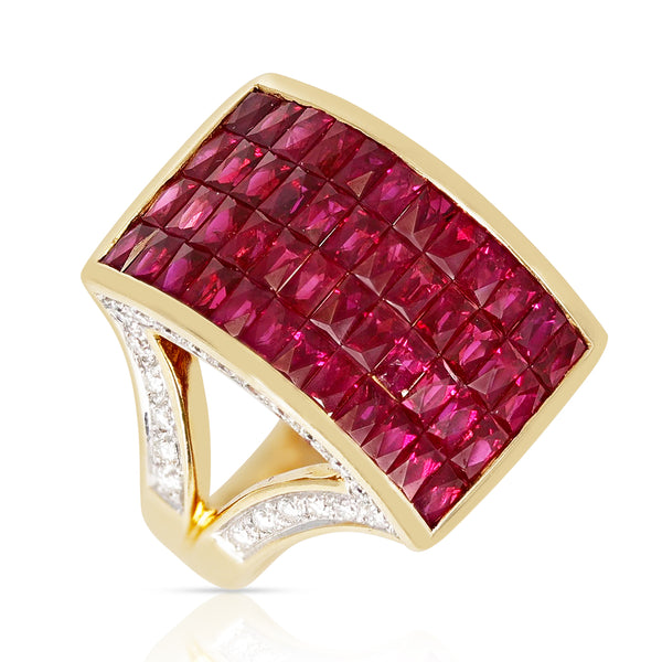 Invisible-Set Ruby and Diamond Cocktail Ring, 18k Yellow Gold