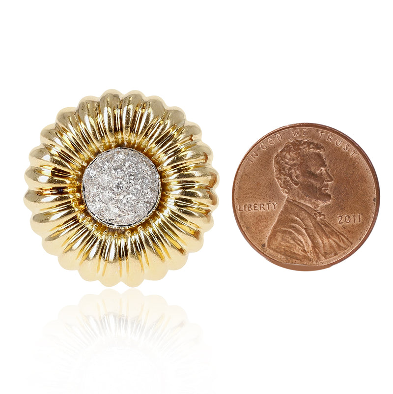 18k Yellow Gold Floral Circular Clip-on Earrings with Diamonds