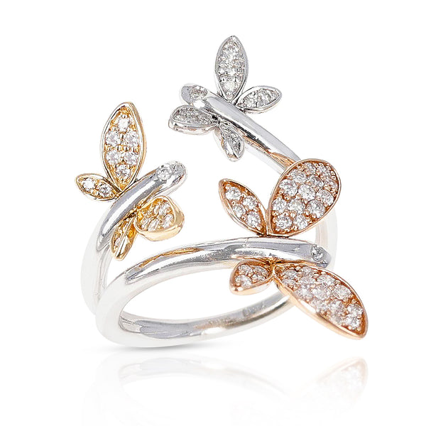Yellow, White and Rose 18 Karat Gold Three Butterfly Ring with Diamonds